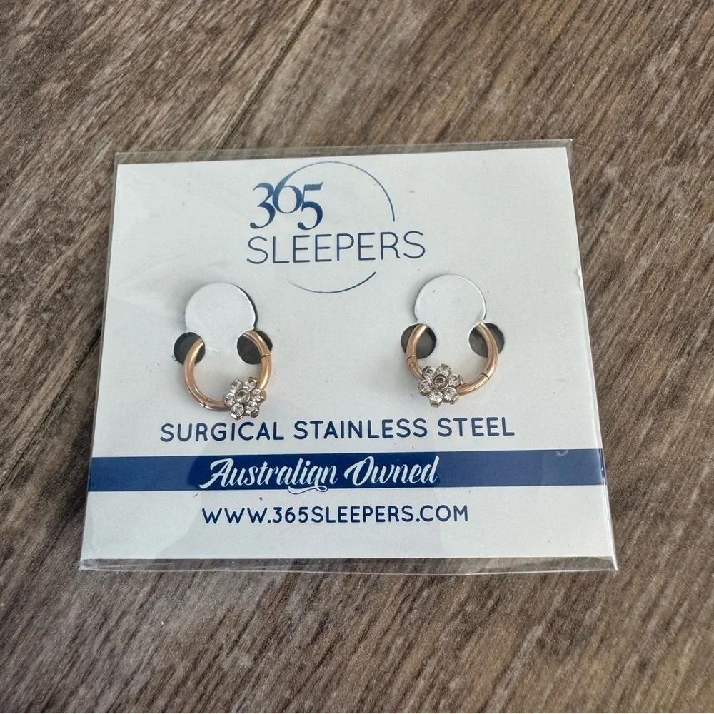 NWT! 365 Sleepers Rose Gold Surgical Stainless Steel Earrings - Floral Diamond